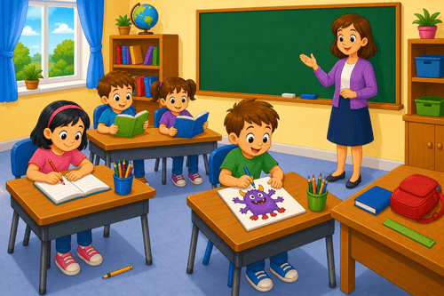A cartoon classroom with a teacher, children at desks, a board, books, pencils, a ruler, a school bag, and a monster drawing.