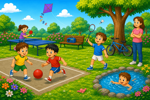 A cartoon sports park with children playing football, table tennis, badminton, a bike, a kite, a radio, a tree, and a small pond.