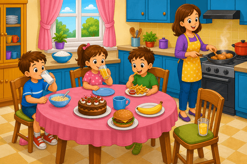 A cartoon kitchen with a mother cooking, children at a table, cake, chicken, bananas, burgers, juice, and lemonade on a chair.