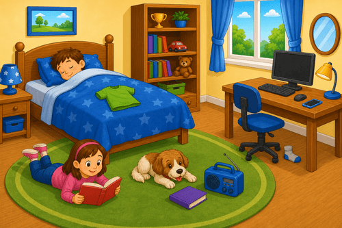 A cartoon bedroom with a sleeping boy, a girl reading, a dog, a bed, a radio, a T-shirt, a computer, a phone, a lamp, and books.