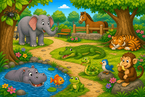 A cartoon zoo with an elephant, hippo, tiger, crocodile, monkey, snake, bird, frog, fish, trees, water, and a fence.