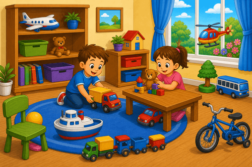 A cartoon playroom with children, a toy train, toy cars, a boat, a bus, a plane, a helicopter outside, a bike, shelves, and blocks.