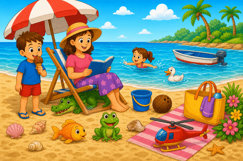 A cartoon beach with a mother reading, children, a sea, a duck, a fish, a frog, a crocodile under a chair, a boat, a helicopter toy, shells, and ice cream.