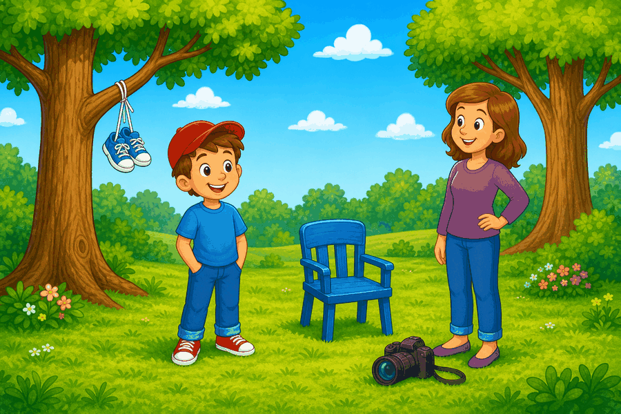 A cartoon park with a boy wearing a red hat, shoes in a tree, a blue chair between trees, a woman, and a camera on the grass.