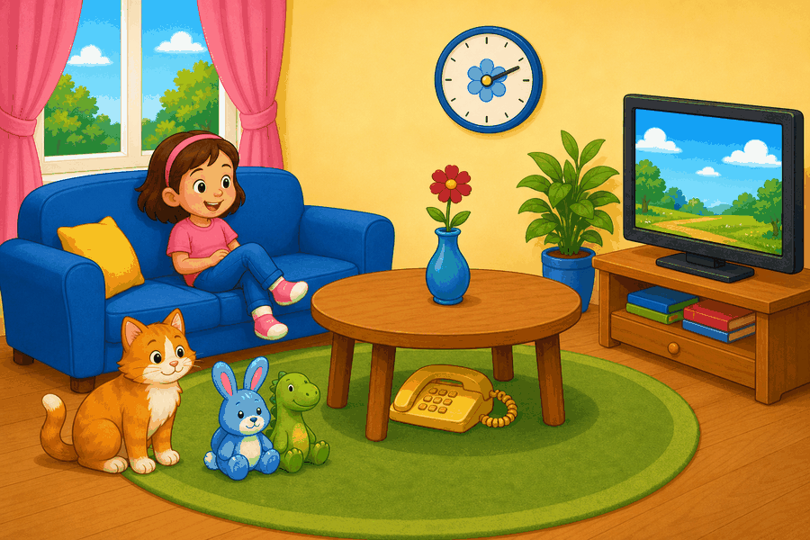 A cartoon living room with a girl watching television, a flower on a table, a clock, a phone under the table, a cat, and toy animals.