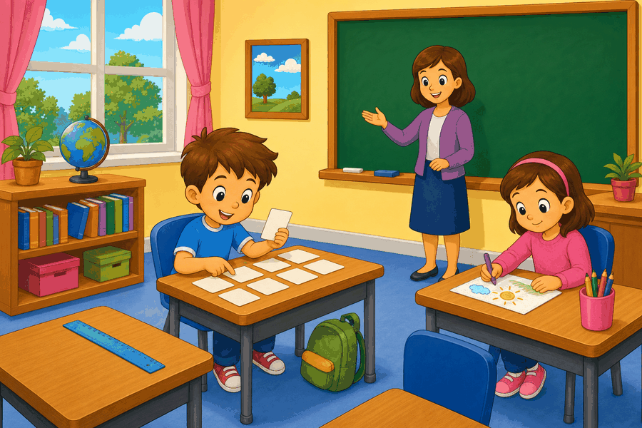 A cartoon classroom with a teacher at the board, a boy learning at a desk, a girl drawing, a bag under a desk, books, and classroom objects.