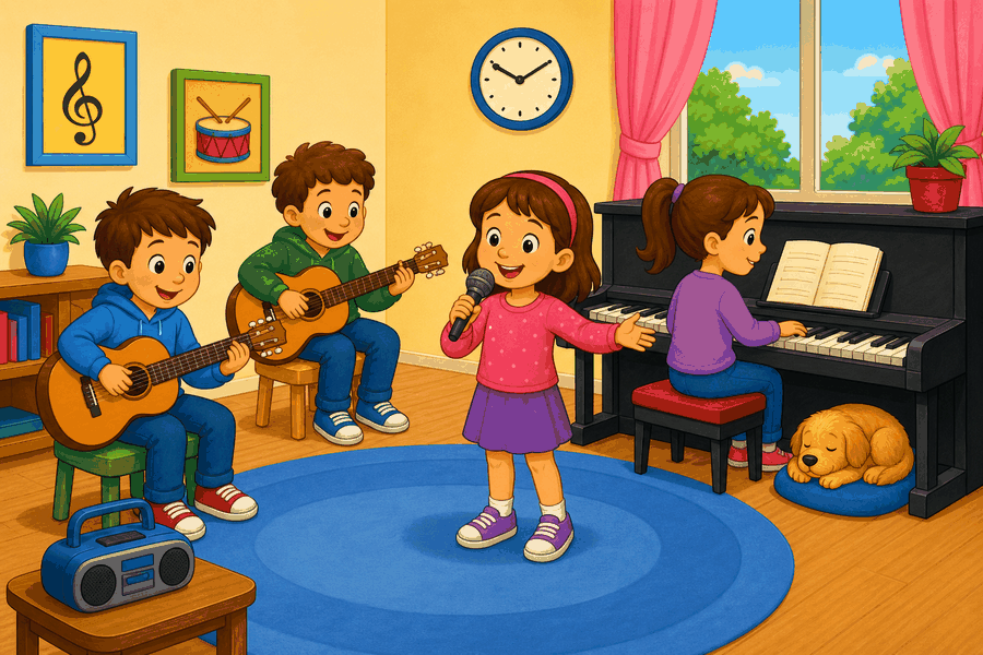 A cartoon music room with two boys playing guitars, a girl singing, Sue playing the piano, a radio, a clock, and a sleeping dog.