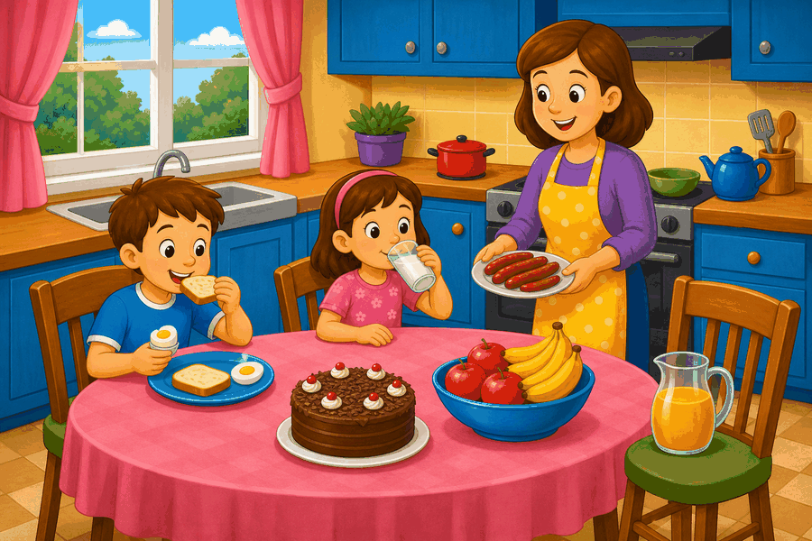 A cartoon kitchen with a boy eating breakfast, a girl drinking milk, a mother holding sausages, cake, bananas, apples, and orange juice.