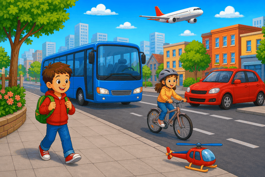 A cartoon school street with Sam walking, a blue bus, a red car, a girl riding a bike, a plane in the sky, and a toy helicopter on the pavement.