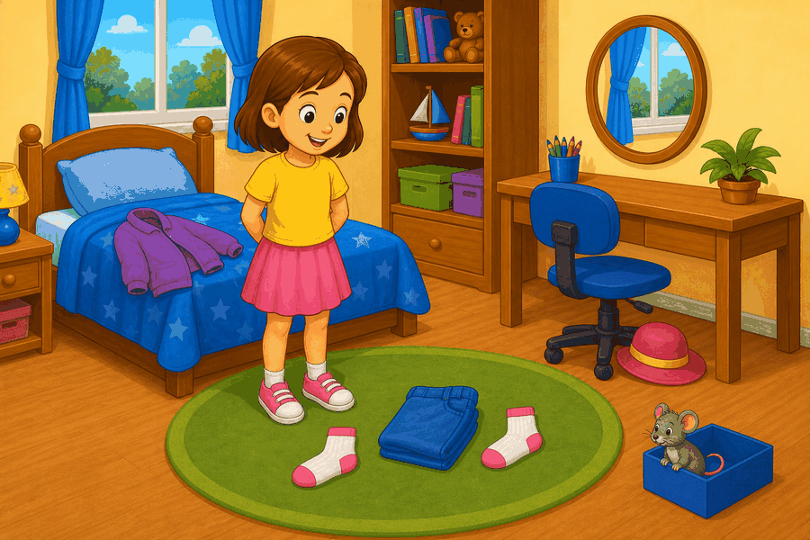 A cartoon bedroom with Pat wearing a pink skirt and yellow T-shirt, clothes on the floor, a hat, a mirror, a mouse near a box, a chair, and a bed.