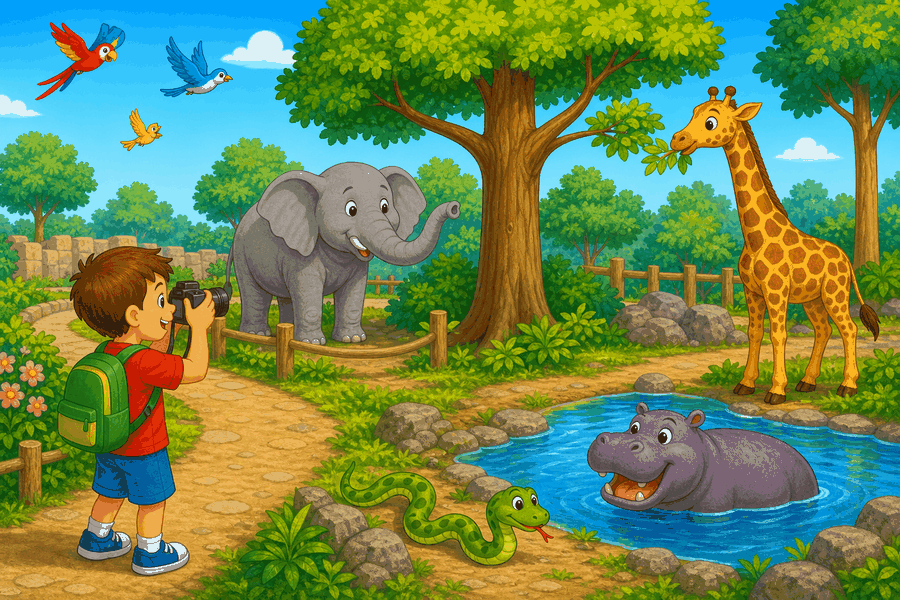 A cartoon zoo with birds flying, an elephant, a giraffe, a hippo in water, a snake on the ground, and a boy taking a photo.