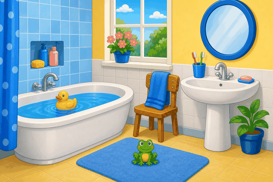 A cartoon bathroom with a bath, a yellow duck toy, a towel on a chair, a mirror above the sink, flowers by a window, and a frog on the mat.