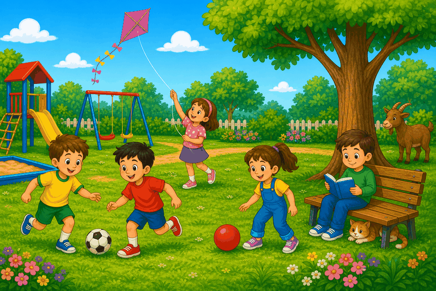 A cartoon playground with children playing football, a girl flying a kite, a boy reading on a bench, a red ball, and a goat near a tree.