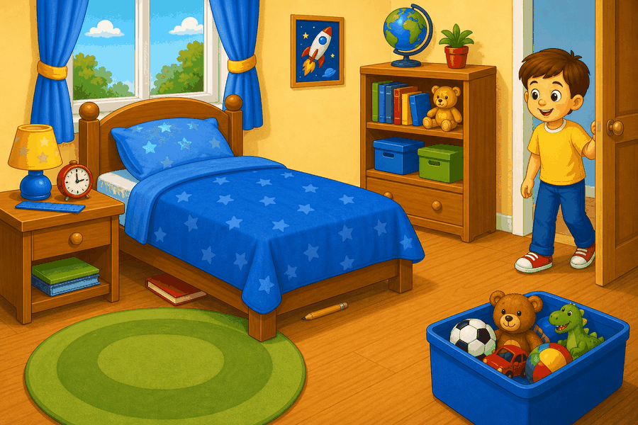 A cartoon bedroom with a pencil under the bed, a ruler next to a lamp, a red book under the bed, a clock on a table, and a child.