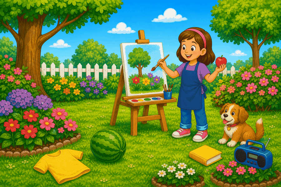 A cartoon garden with a girl painting, a T-shirt on the grass, a watermelon on the grass, an apple in her hand, a dog, a radio, and a book.