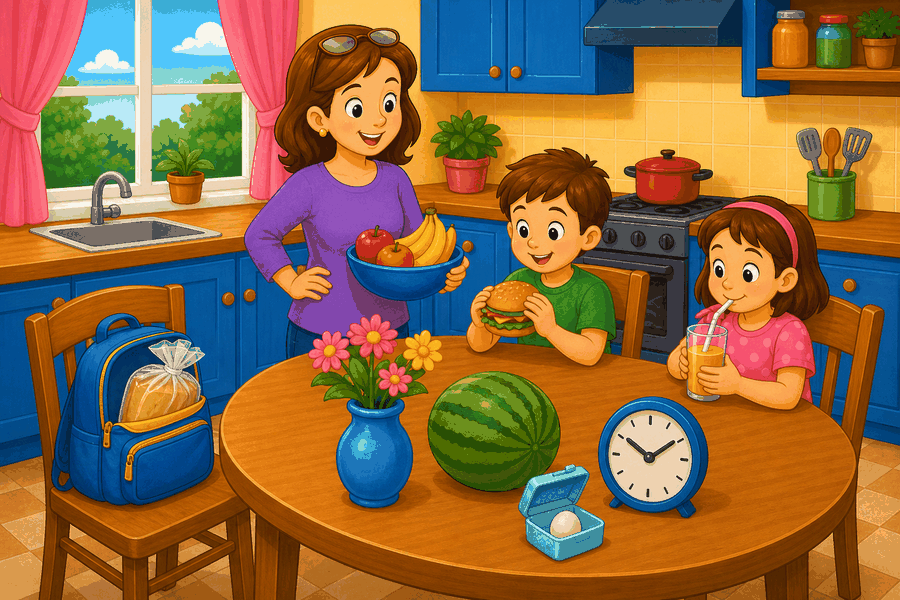 A cartoon kitchen with a mother wearing glasses on her head, bread in a bag, an egg in a box, children, food, flowers, and a clock.