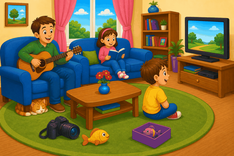 A cartoon living room with a boy watching TV, a girl reading, a father playing guitar, a cat under an armchair, a camera, and fish toys.