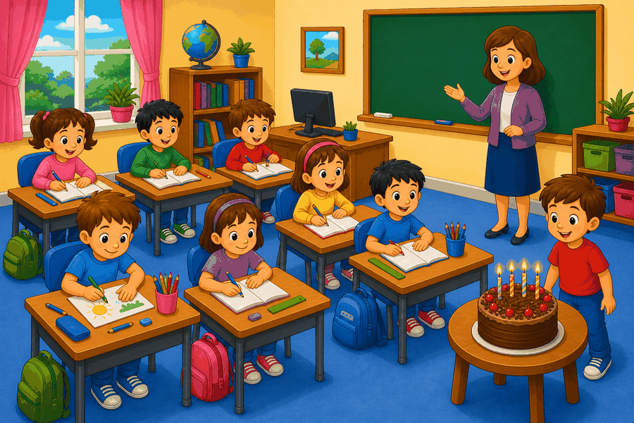 A cartoon classroom with May, a teacher, children at desks, a birthday cake, a computer, pencils, rulers, and a board.