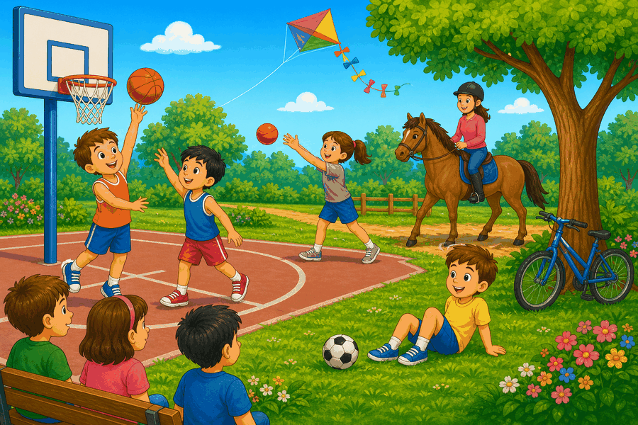 A cartoon playground with children playing basketball, a girl throwing a ball, a boy sitting by a football, a mum riding a horse, a kite, and a bike.
