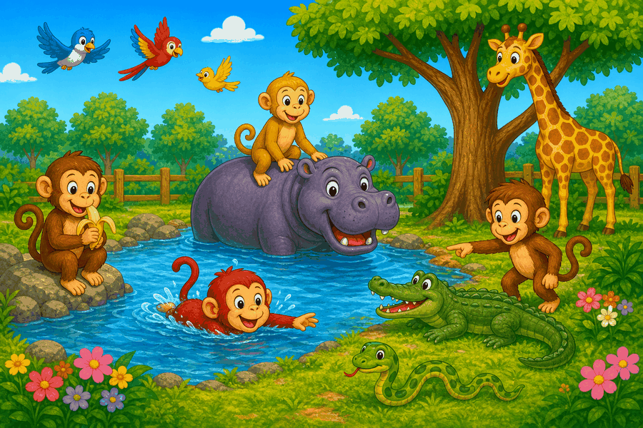 A cartoon zoo with monkeys swimming, sitting on a hippo, eating a banana, plus a crocodile on the grass, a giraffe, birds, and a snake.