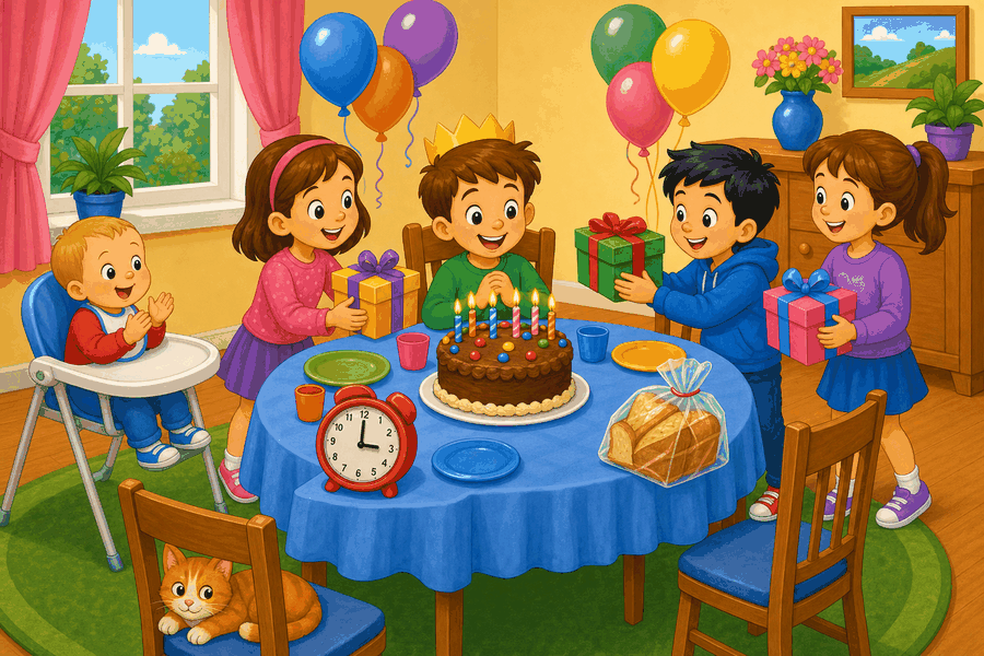 A cartoon birthday party with a boy, cake, presents, baby, balloons, a clock on the table, bread in a bag, and a cat on a chair.