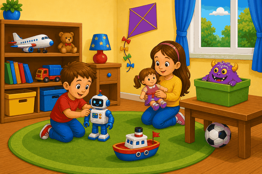 A cartoon toy room with a boy playing with a robot, a girl holding a doll, a toy boat, a plane, a monster toy in a box, a football, and a purple kite.