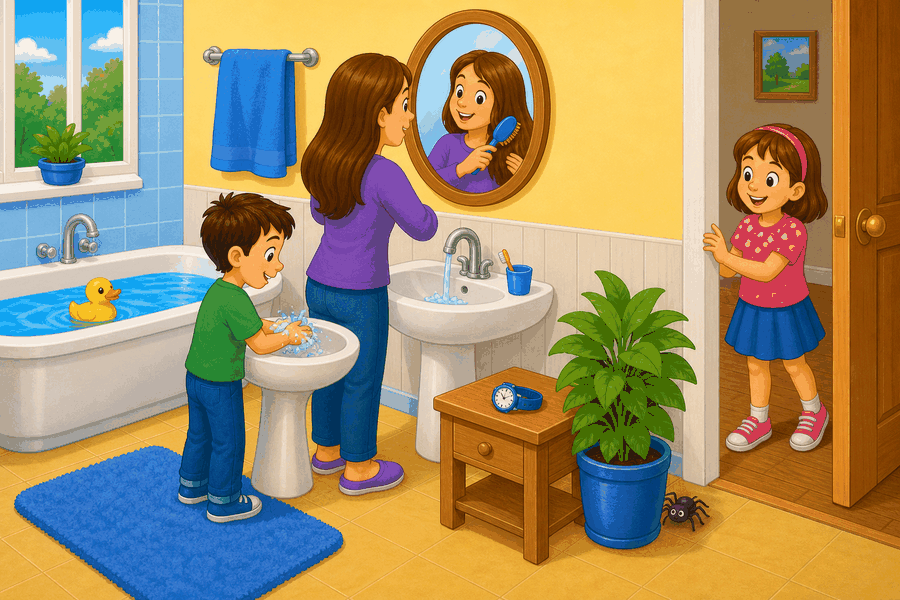 A cartoon bathroom with mum at a mirror, a boy washing hands, a towel next to the bath, a watch on a table, a spider behind a plant, and a duck in the bath.