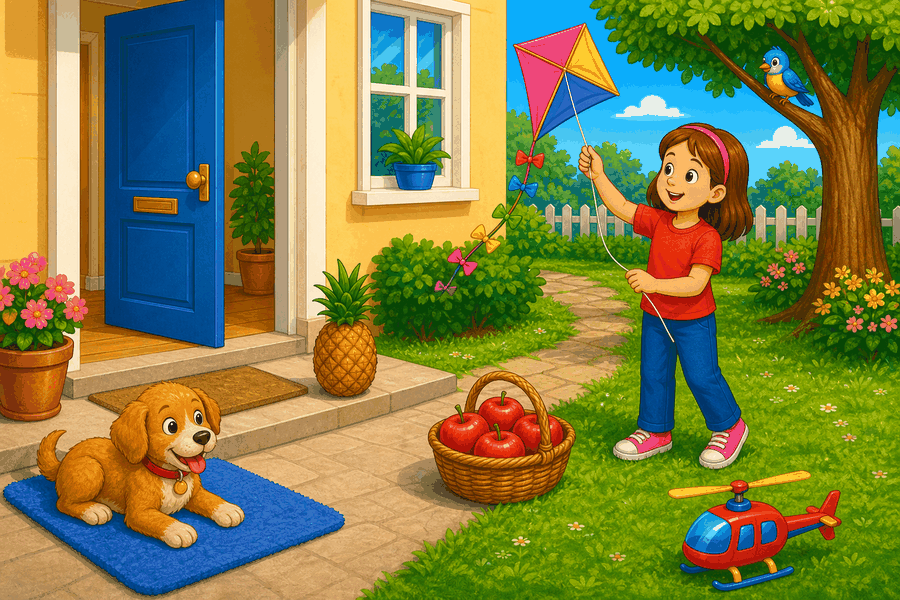 A girl is flying a kite in front of a house with a dog on a blue mat, apples in a basket, a pineapple, a toy helicopter, and a bird in a tree.