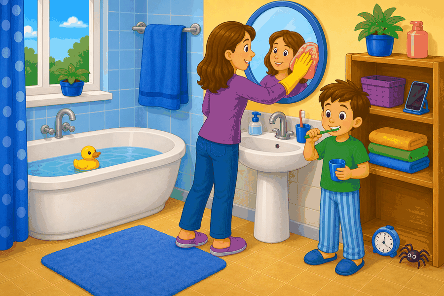 A bathroom with a woman cleaning a mirror, a boy brushing his teeth, a duck in the bath, a blue towel, a clock, and a spider on the floor.