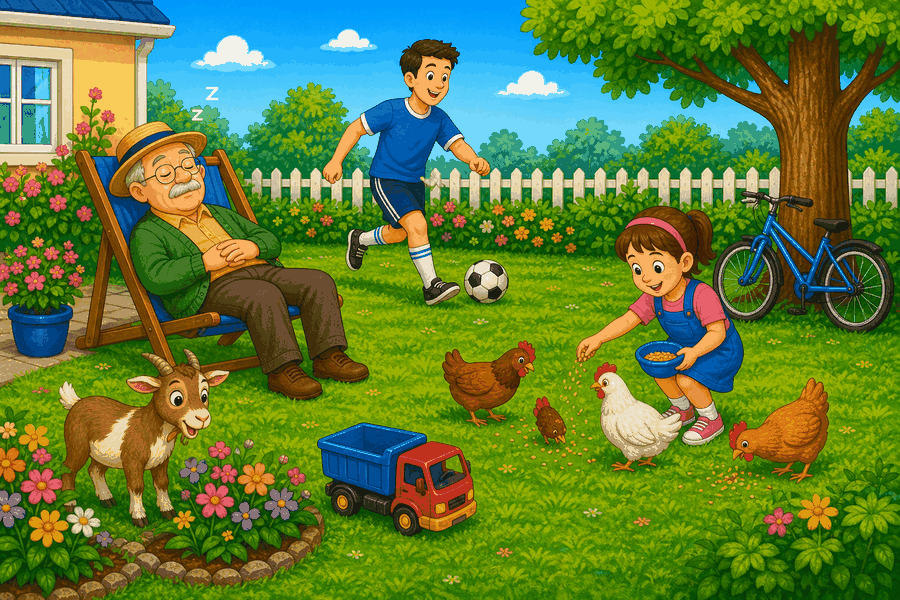 A garden with an old man sleeping in a chair, a boy playing football, a girl feeding chickens, a goat, a toy truck, flowers, and a bicycle under a tree.