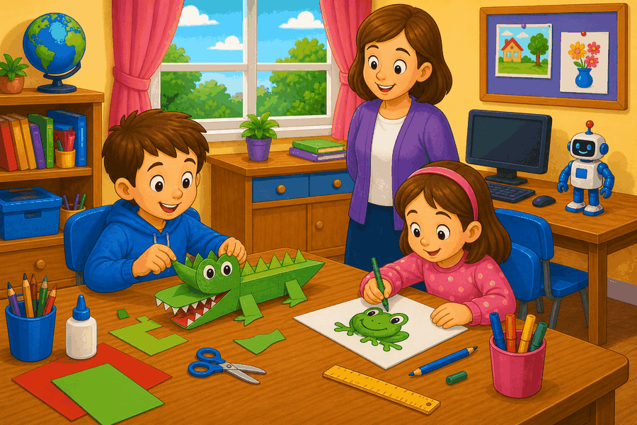 A picnic with lunch box containing fruit, chips, rice, eggs and cake, May drinking lemonade, girls eating cake, boy holding orange juice, coconut and grapes.