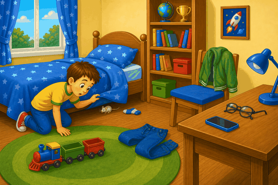 A classroom craft table with boy making crocodile model, girl drawing frog, robot toy, computer, ruler next to pencil, and teacher.