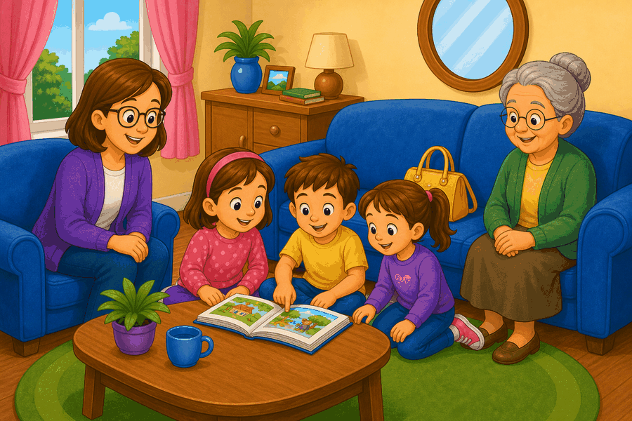 A bedroom with Nick looking for a small white mouse under bed, sock, jacket on chair, jeans on floor, glasses on desk, bookcase, train toy and phone.