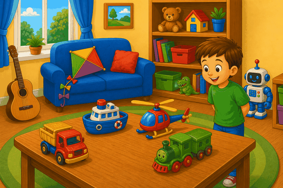 A toy room with red truck, blue boat, green train, robot, guitar, kite on sofa, helicopter toy on table, and child watching toys.