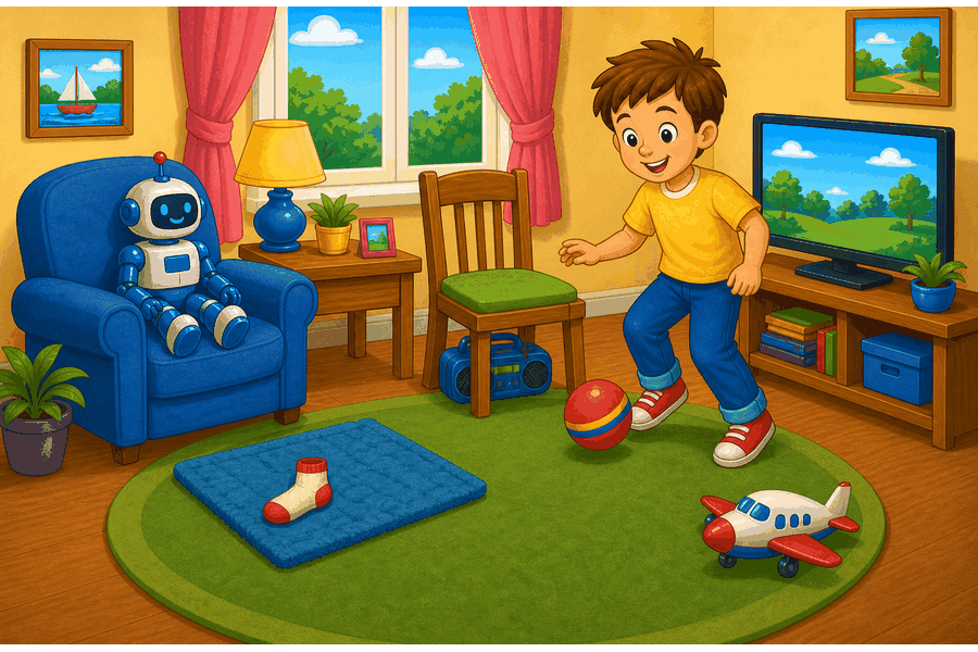 Living room with robot in armchair, radio under chair, sock on mat, lamp on table, TV, toy plane and boy playing with ball.