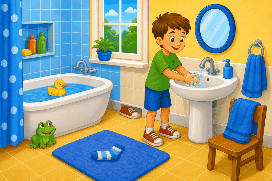Bathroom with duck in bath, shoe under window, sock on mat, frog near bath, towel on chair, mirror and child washing hands.