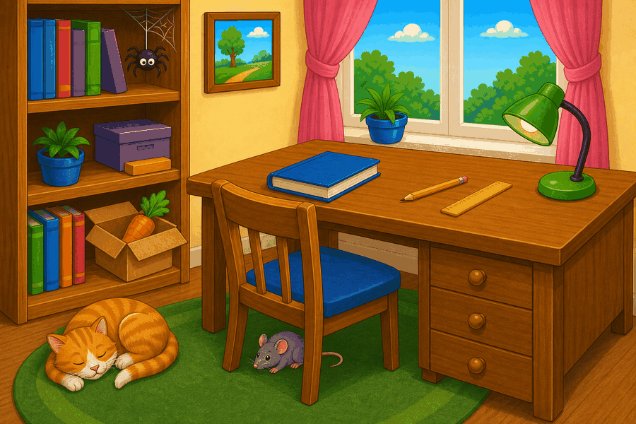 Study room with spider in bookcase, carrot in box, mouse under chair, book on desk, pencil next to ruler, green lamp and cat.