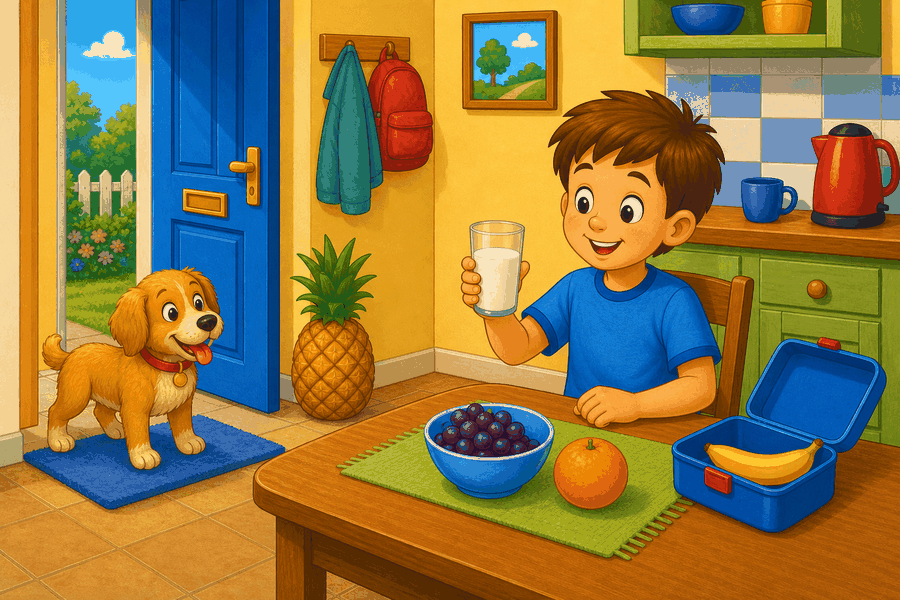 House entrance and kitchen corner with pineapple next to door, orange on table, grapes, banana in lunch box, child drinking milk, and dog.