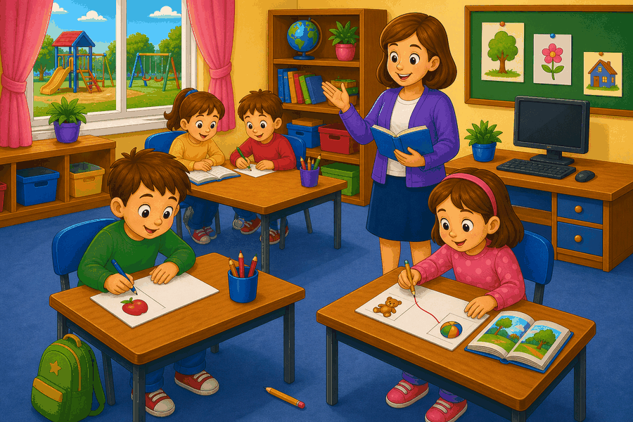 A classroom with a teacher holding a book, children writing and drawing, a computer on a desk, a pencil on the floor, a backpack, and a playground outside the window.