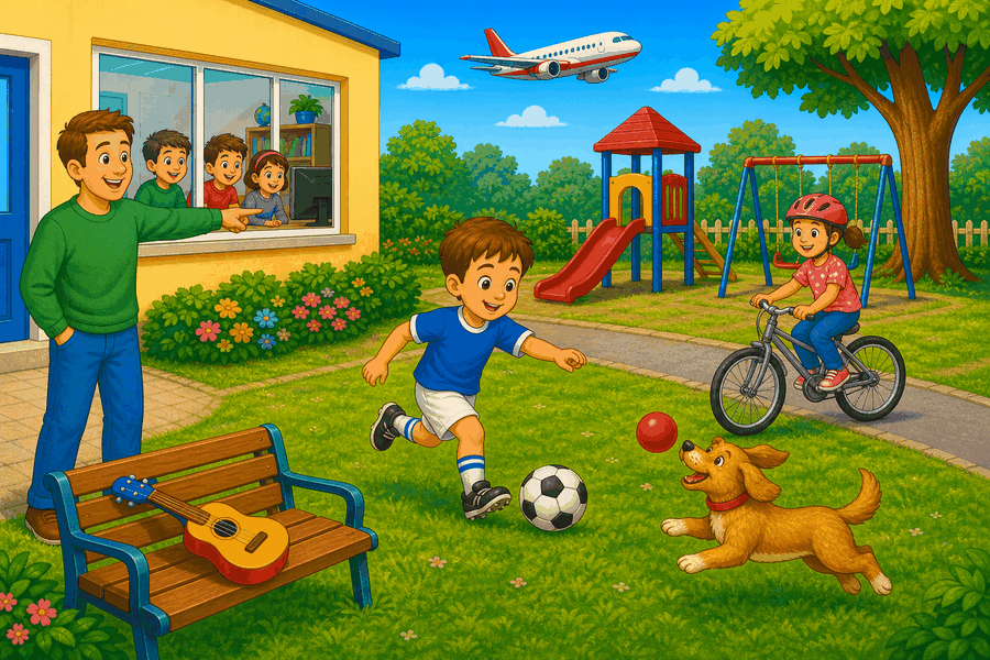 Playground with man pointing, boy playing football, girl riding bike, guitar on bench, plane in sky, dog catching ball and children watching TV through window.