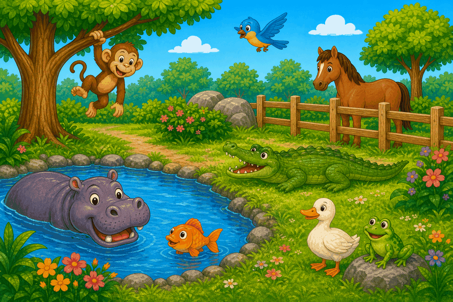 Zoo pond with hippo in water, crocodile on grass, monkey in tree, fish in pond, horse near fence, duck next to frog, and bird flying.