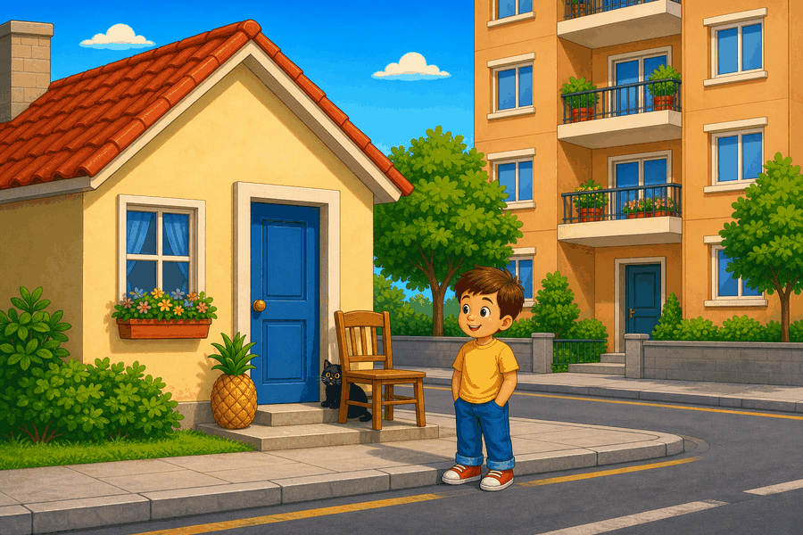 Street with small house, apartment building, child in front of house, chair by door, pineapple next to door, and black cat behind chair.