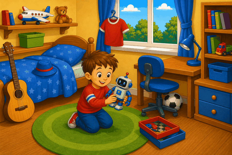 Toy bedroom with child and robot, football under chair, guitar next to bed, toy plane on shelf, game box, blue hat on bed, and shirt by window.