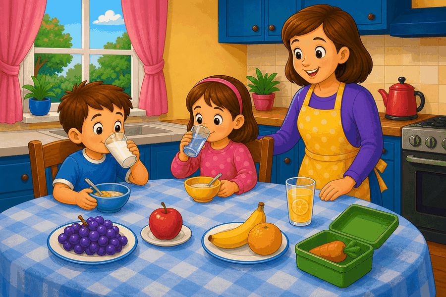 Breakfast kitchen table with child drinking milk, another child drinking water, grapes, apple, banana, orange, carrot in box, lemonade and mother.