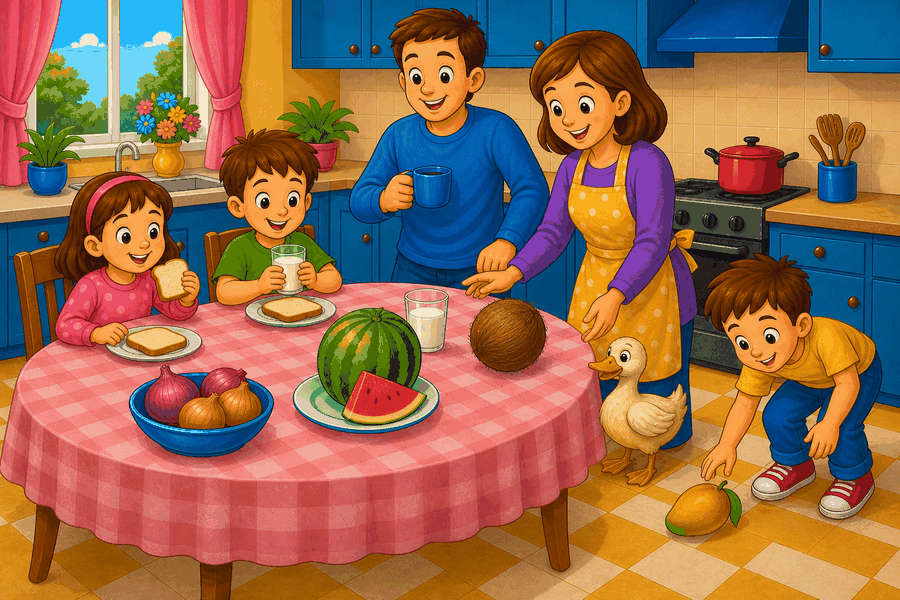 Kitchen with onions on table, mango on floor next to boy, coconut between woman and duck, watermelon, milk, bread and family.