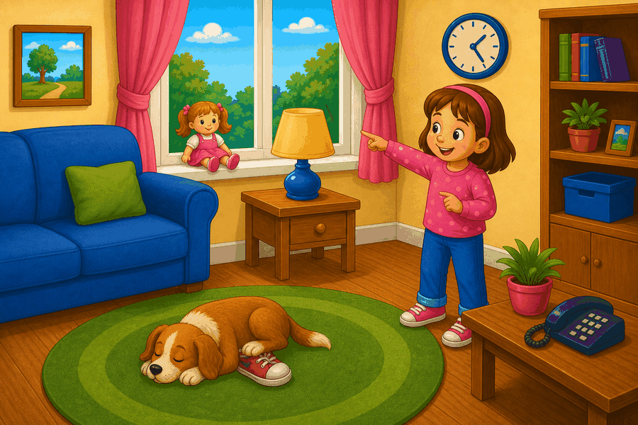 Living room with doll in window, lamp in front of window, shoe under sleeping dog, sofa, clock, phone and girl.