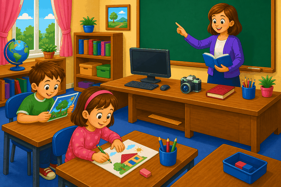 Classroom with camera between computer and book, ruler under teacher desk, eraser in box, teacher, Kim drawing and Tom looking at picture.