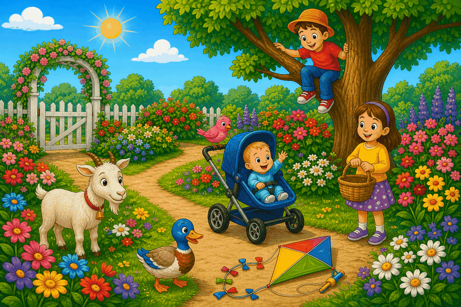 Garden with goat in flowers, boy in tree wearing orange hat, pink bird beside baby, blue duck next to kite and girl with basket.