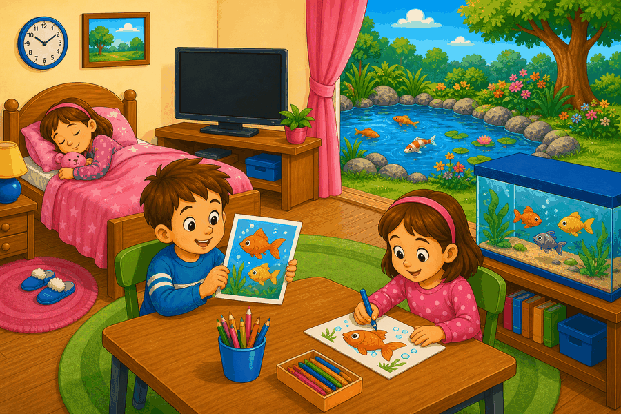 Room and pond scene with fish swimming, boy looking at fish picture, Kim drawing fish, girl sleeping on bed, TV off and clock.