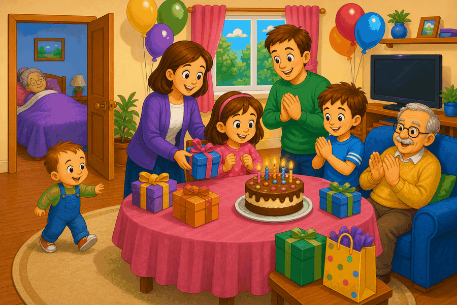 Birthday living room with Kim, cake, family of five, baby brother walking, gifts, balloons, sleeping grandmother and TV.